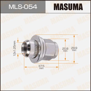 Фото гайка masuma 12x1.25мм, l=37.5мм, под ключ=21мм, короткие, с шайбой d=30мм