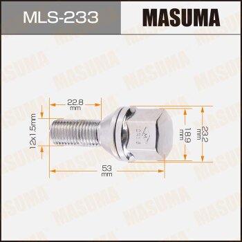 Фото болт колесный masuma 12x1.5мм, l=53мм, под ключ=19мм / renault megan ii, clio ii