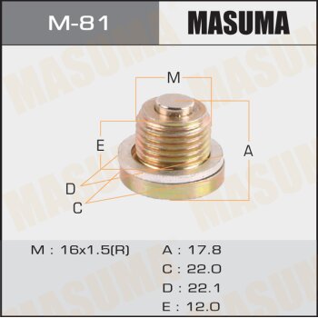 Фото болт маслосливной a/t с магнитом masuma (с шайбой) renault 16x1.5(r)