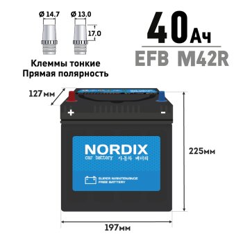 Аккумулятор NORDIX EFB 40 Ah R (M-42R/60B20R) CCA 400A, 197*127*225, необслуж., мл.клемма Китай
