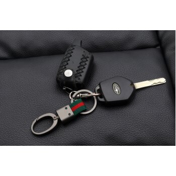 Брелок на ключи кольцо с карабином с зелено-красной тканевой вставкой