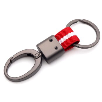 Брелок на ключи кольцо с карабином с красно-белой тканевой вставкой
