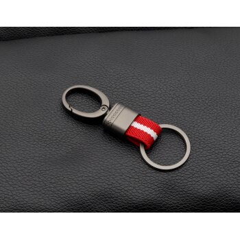 Брелок на ключи кольцо с карабином с красно-белой тканевой вставкой