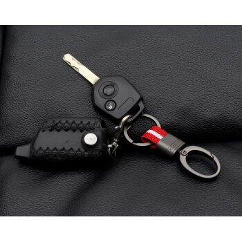 Брелок на ключи кольцо с карабином с красно-белой тканевой вставкой