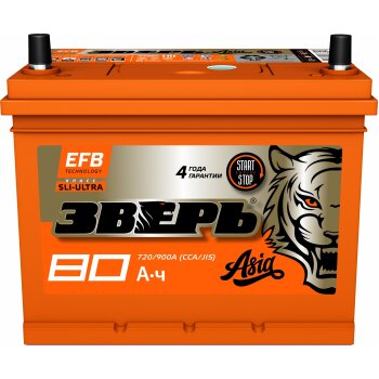 АКБ ЗВЕРЬ ASIA EFB 6СТ- 80VL /70-3-L 80 Ah R ССА 720А 232*175*225, необслуж. (1/88)