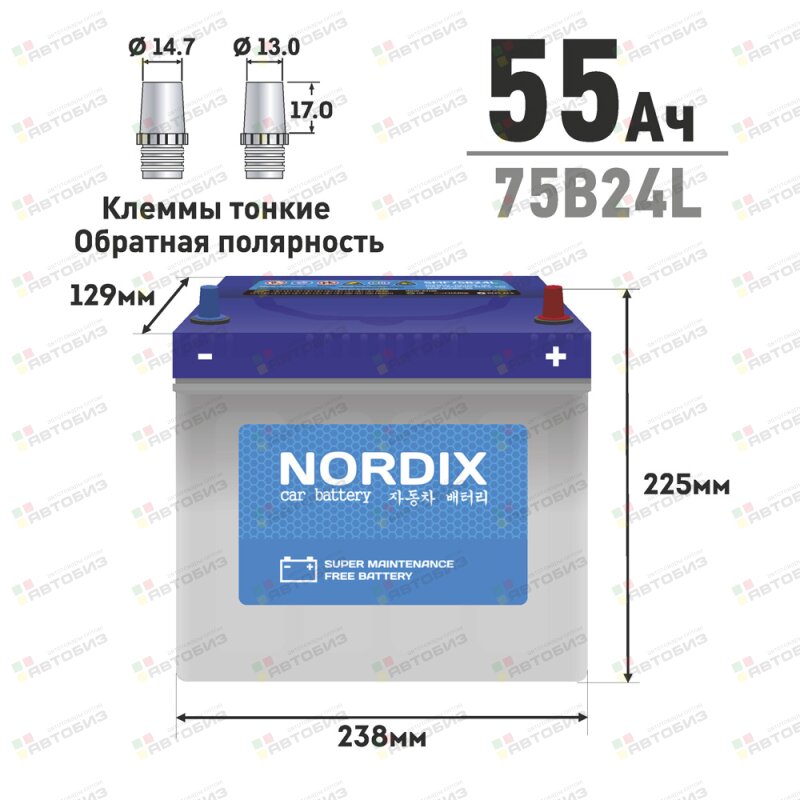 Аккумулятор  75B24L 55Ah (обр) 520А 238*129*225 необслуж малклемма NORDIX SMF75B24LNDX