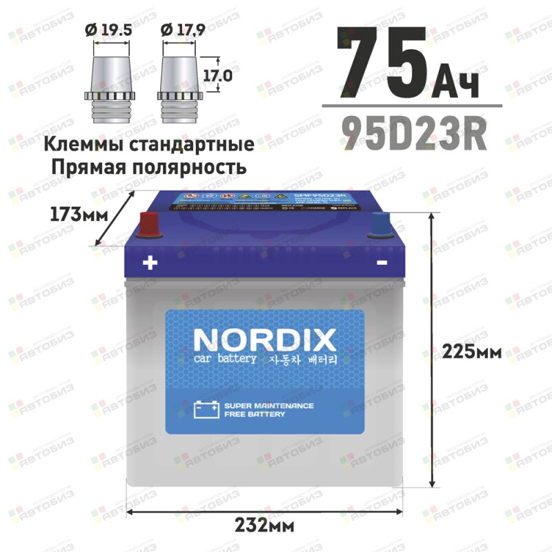 АКБ NORDIX 75 Ah R ССА 650А 232*175*225 необслуж (1/80) NORDIX SMF95D23RNDX