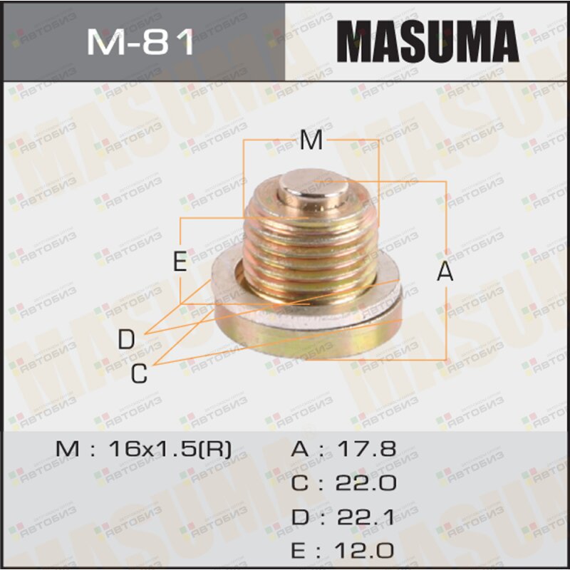 Болт маслосливной A/T С МАГНИТОМ  (с шайбой) RENAULT 16x15(R) MASUMA M81